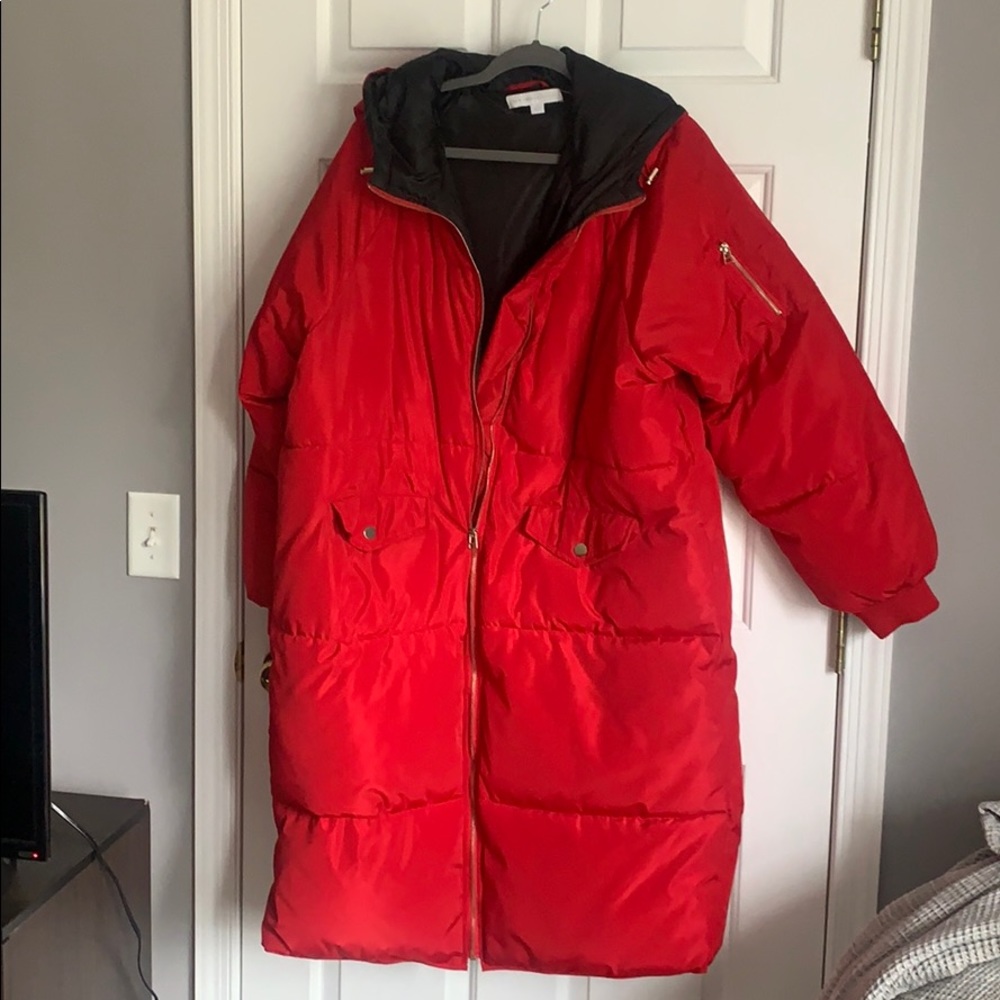 Long red puffer jacket